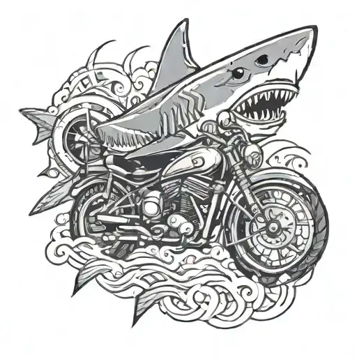 Shark Swimming Next To Motorcycle In An Incan Art Style