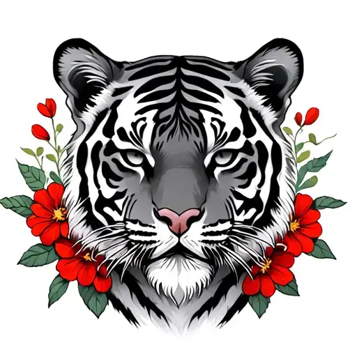 Feminine Black And Grey Tattoo Of A Full-body Tiger With Red Flowers Around It