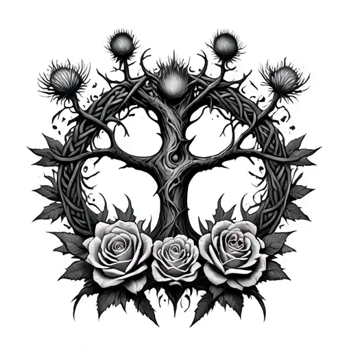 A Yggdrasil With A Scottish Thistle And Rose Around It In Celtic Style