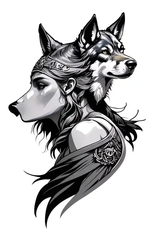 Goddess Artemis And Wolf Head Profile Holding
