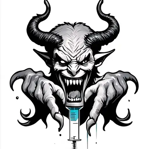 Hypodermic Syringe With Devil Coming Out Of Needle Like A Medication