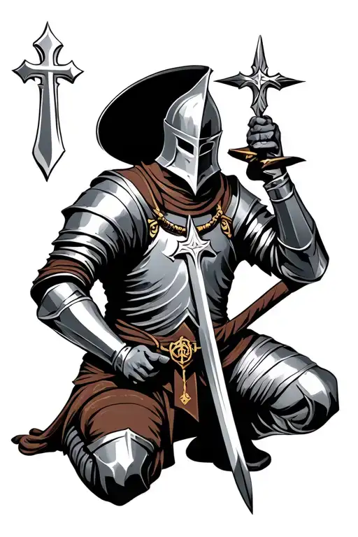 Medival Knight Kneeling With A Templars Cross Necklace