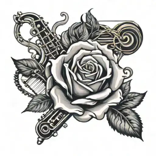 An Intricate Black And Grey Tattoo Of A Rose Intertwined With Musical Instruments