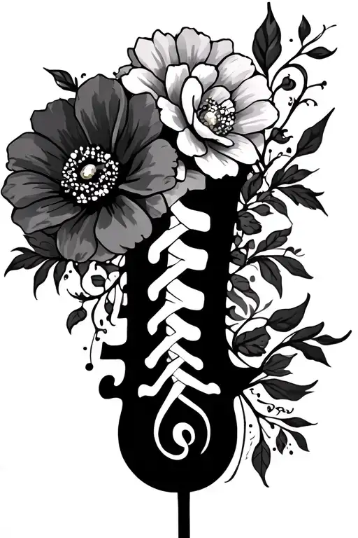 Music Spine Tattoo With Flowers