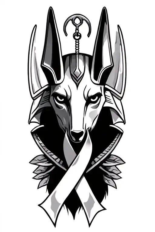 Anubis Tattoo With A Cancer Ribbon Instead Of The Amulet And A Realistic