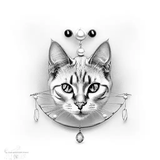 Black Cat In Pearl Frame And Jewels Hanging Of The Frame