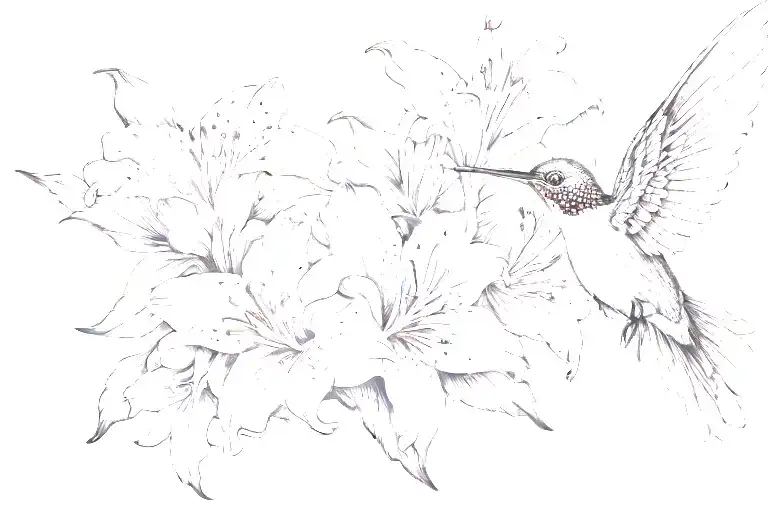 A Black-grey Tattoo Of Lilly Flowers With A Hummingbird Drinking Nectar From One Of The Flowers