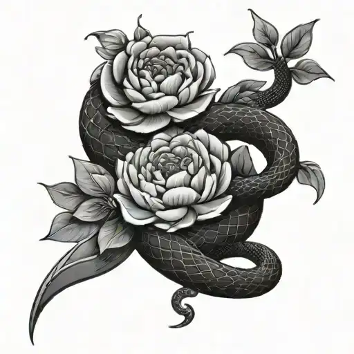 A Black And Grey Design Of A Snake Coiled Around A Dagger With Peony Flowers Scattered Around