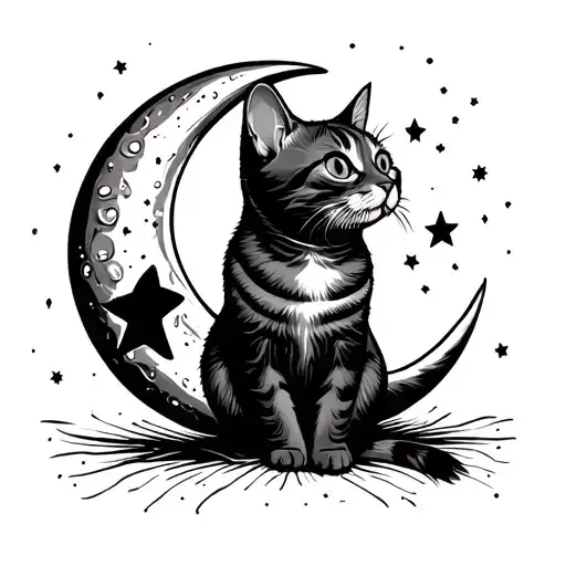 Cat Sitting On Crescent Moon Looking Up At 5 Stars