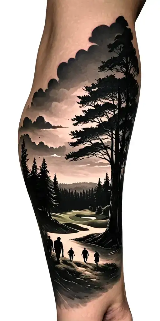 Beautiful Forest Scene With Black Sky With Family Walking And Golf Course And Time