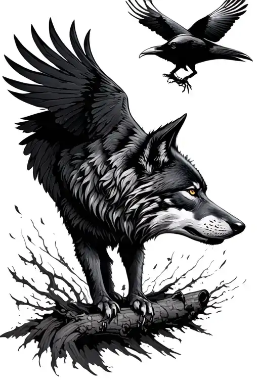 Lone Wolf With Raven Flying