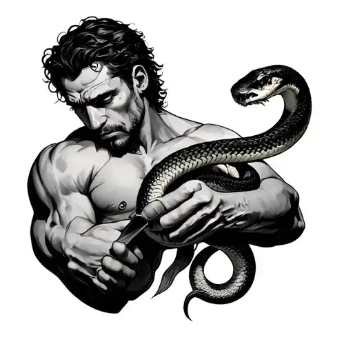 A Man Holding A Snake Preparing To Stab It