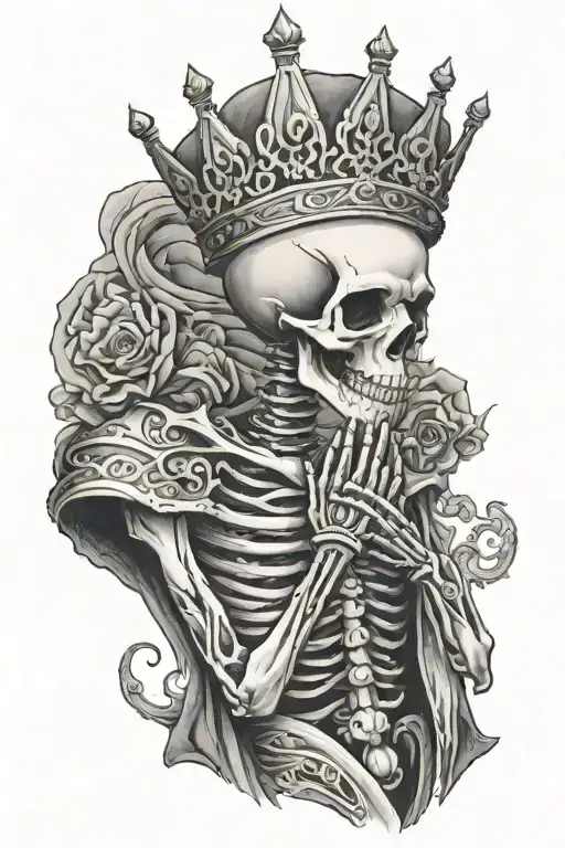 A Skellington Praying Wearing A Crown And Shading In A Sleeve