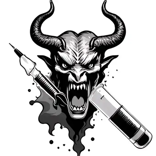 Hypodermic Syringe With Devil Coming Out Of Needle Like A Medication