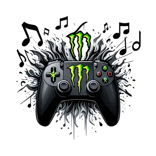 Gaming Controller Surrounded By Music Notes With The Monster Energy Logo On The Controller