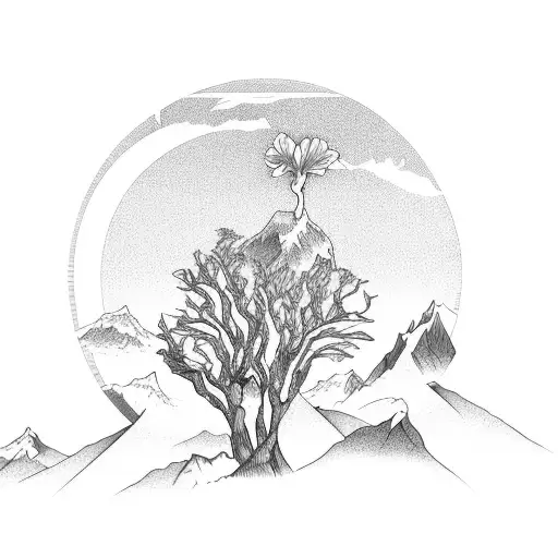 Mountain Range With Lone Tree On Top And Iris Flower At Center Bottom