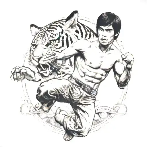 A Detailed Black And Grey Tattoo Of Bruce Lee's Famous Karate Pose With A Tiger In The Background