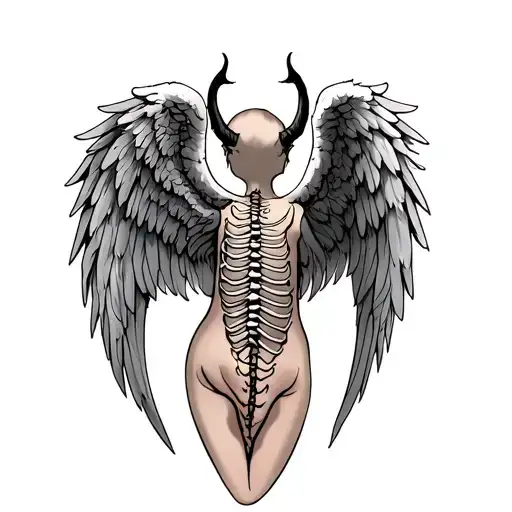 Angel And Devil Wings On The Back With Realistic Spine