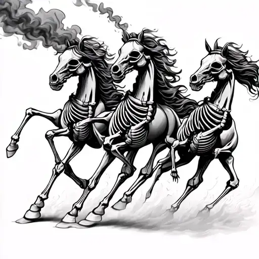 Three Stampeding Skeleton Horses With Fire And Smoke Coming From Their Mouths And Nostrils