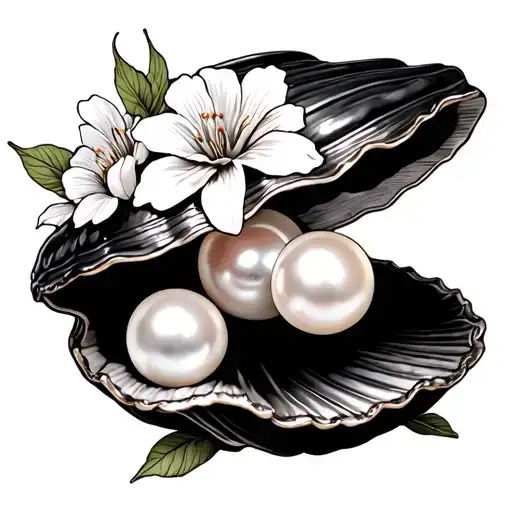 Pearl In A Clam With Cover With Flowers Old School Tattoo Design