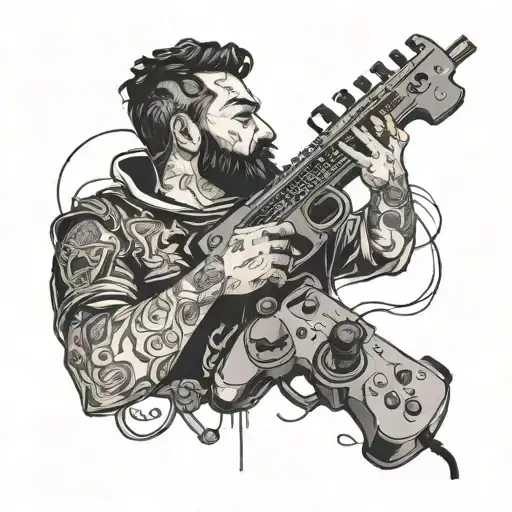 A Detailed Portrait Of Alireza Surrounded By Game Controllers And Musical Symbols