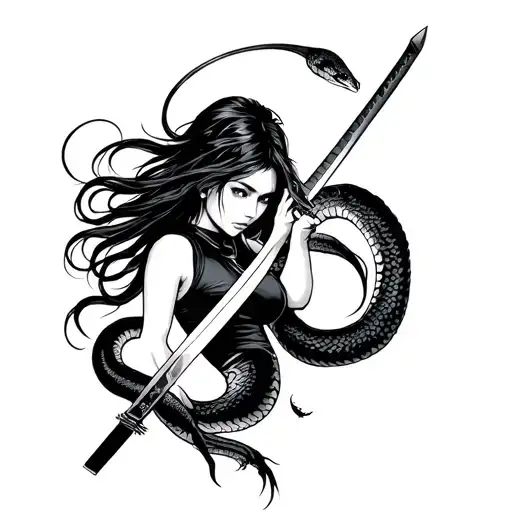 Girl With A Katana In The Hands Of Which A Snake Curls