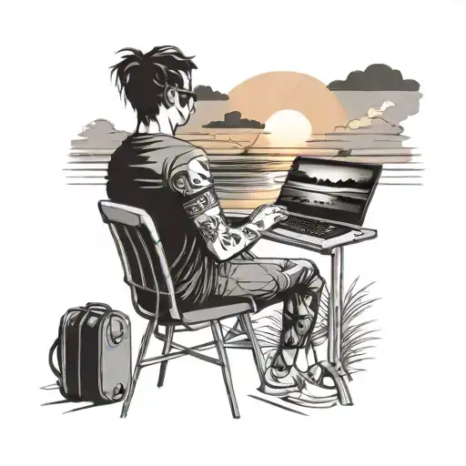 A Software Engineer Coding On The Beach With A Sunset In The Background