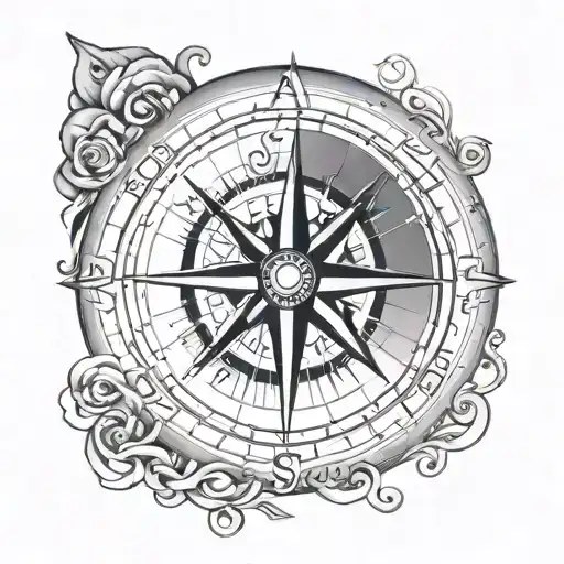 A Black And Grey Tattoo Of A Compass With The Names Luciano And Aurora Intertwined In The Design