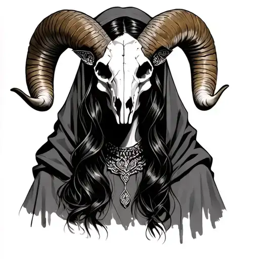 Cloaked Woman With Ram Skull Mask
