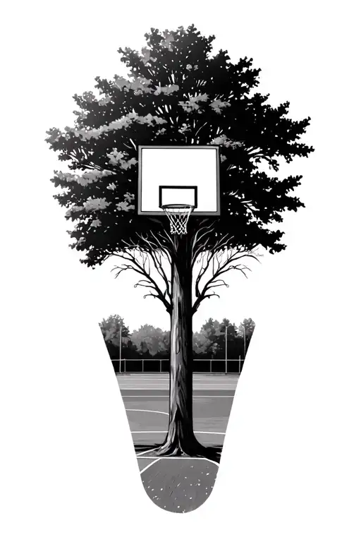 Basketball Court In Nature Elements Like Trees