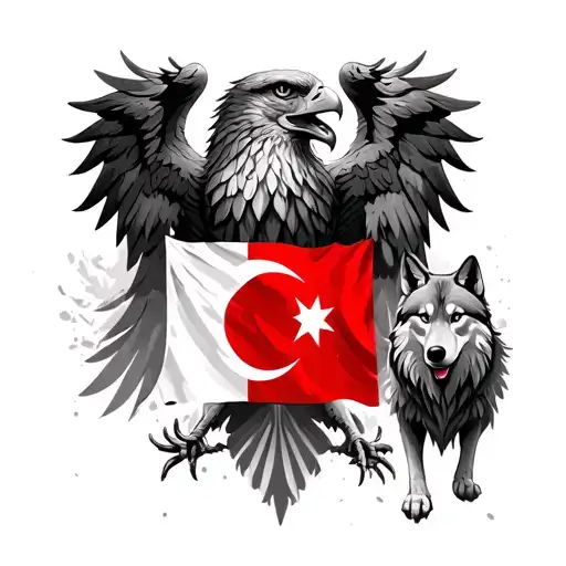 Turkish Flag With Eagle And Wolf