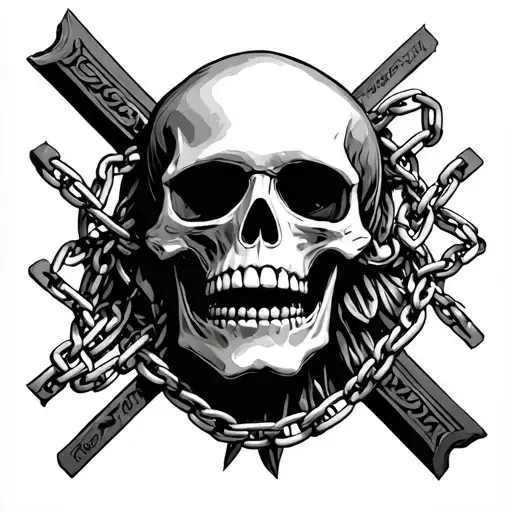 Head Skeleton With Chain To A Cross