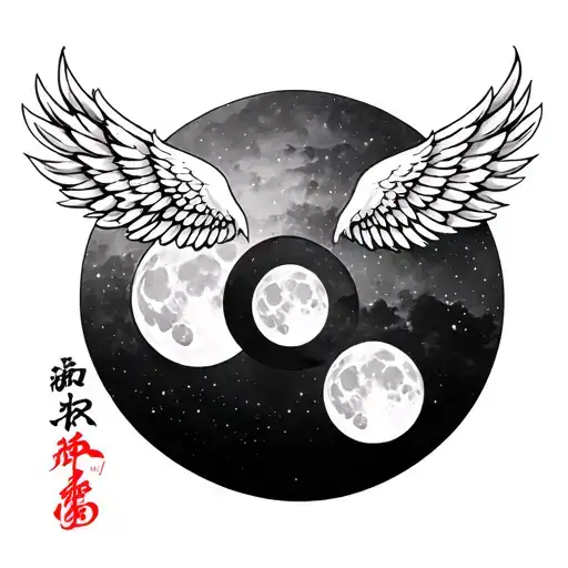 Moon Phases With Angel Wings And Chinese Character That Says Freedom