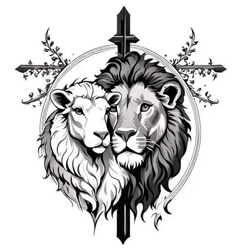 Lion And Lamb With Cross