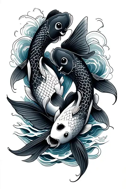 Twin Koi Fishes With Waves Around Them