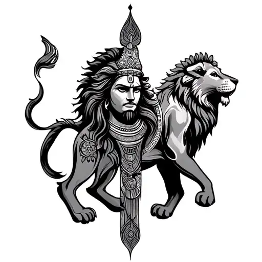 Shiva Trishul And Lion Tattoo Design