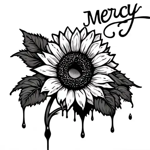 Sunflower Tattoo With The Word Mercy With Blood Dripping Off The Petals