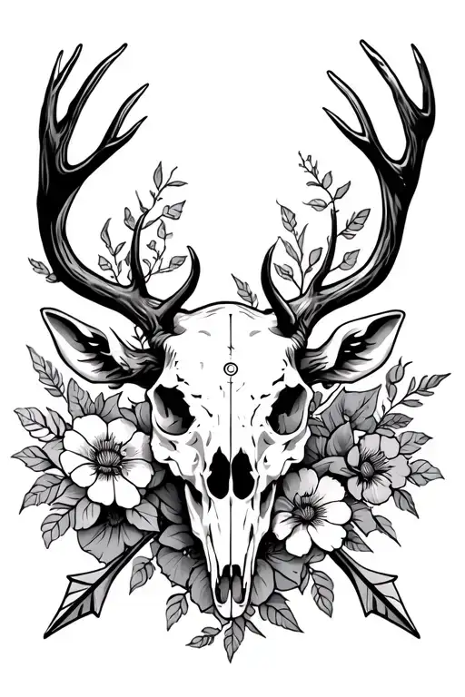 Deer Skull Arrow Piercing Down The Middle With Flowers Intertwined