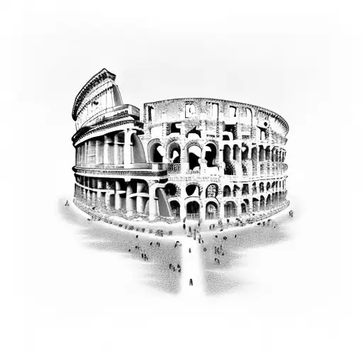 A Roman Colosseum Surrounded By Spartan Warriors In A Black-grey Style