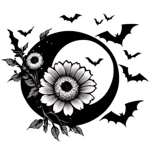 Marigold Flower And Moon With Bats Flying