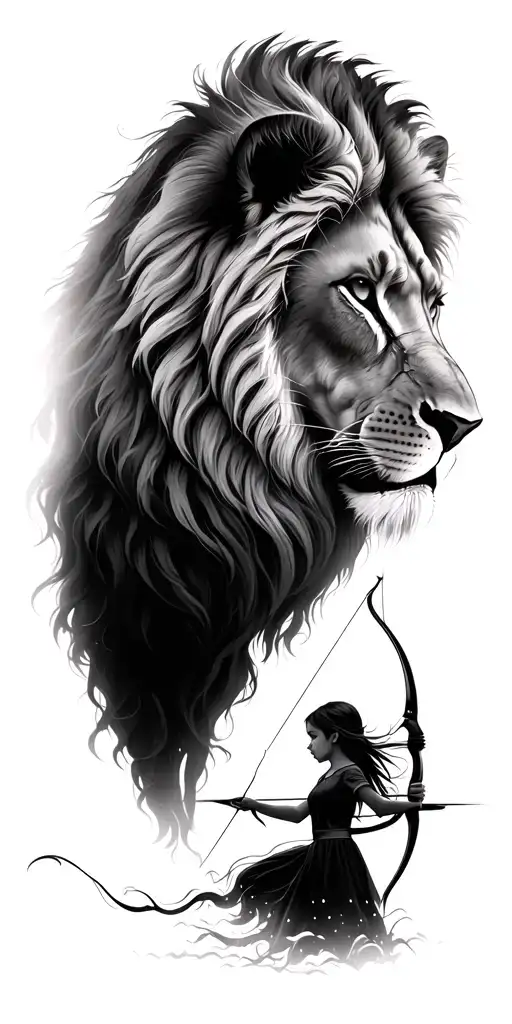 A Side Profile Of A Male Lion And A Female Lion Looking Over A Young Girl With A Bow And Arrow
