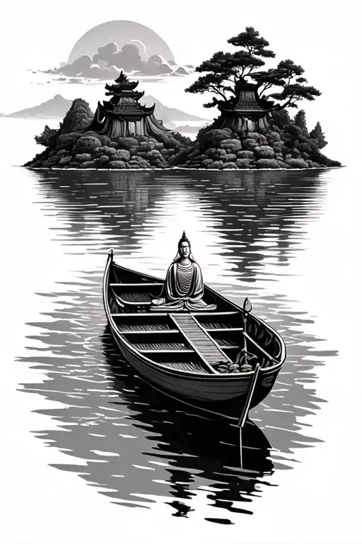 Empty Buddhist Boat On River Flowing