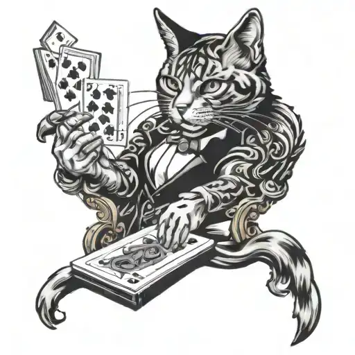 A Mysterious Black And Grey Tattoo Of A Cat Playing Cards In A Casino Setting