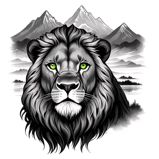 Lion Green Eyes And Mountains