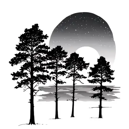 Tall Trees Silhouette With Sunset Sky Filled With Stars