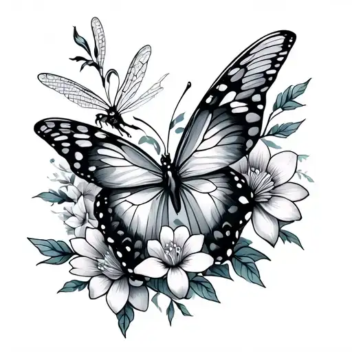 Butterfly And Dragon Fly With Flowers