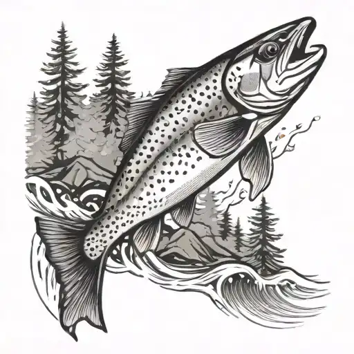 Trout Swimming Upstream Surrounded By Forest