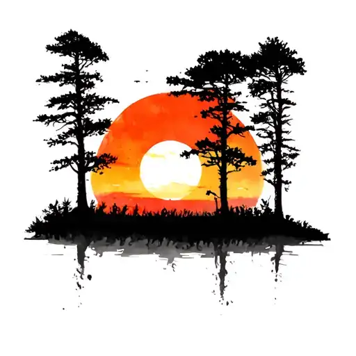 Tall Trees Silhouette With Sunset Sky