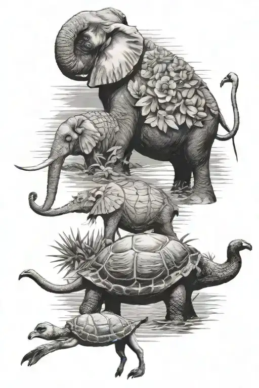 Elephant Next To A Sea Turtle And A Flamingo Standing