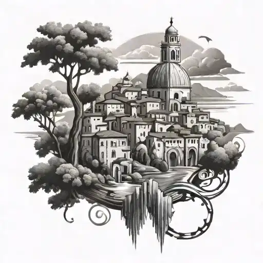 A Scenic Italian Landscape With Iconic Landmarks Intertwined With Symbols Of Wealth